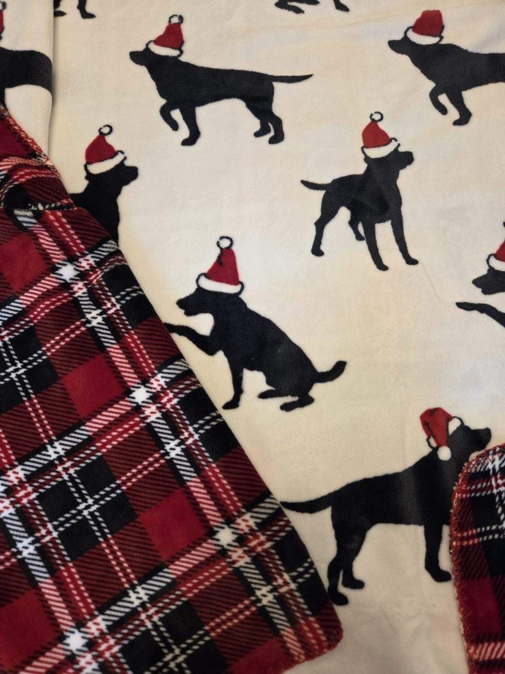 Eddie Bauer Cream and Black Dog Reversible Fleece Blanket with Red Plaid Trim